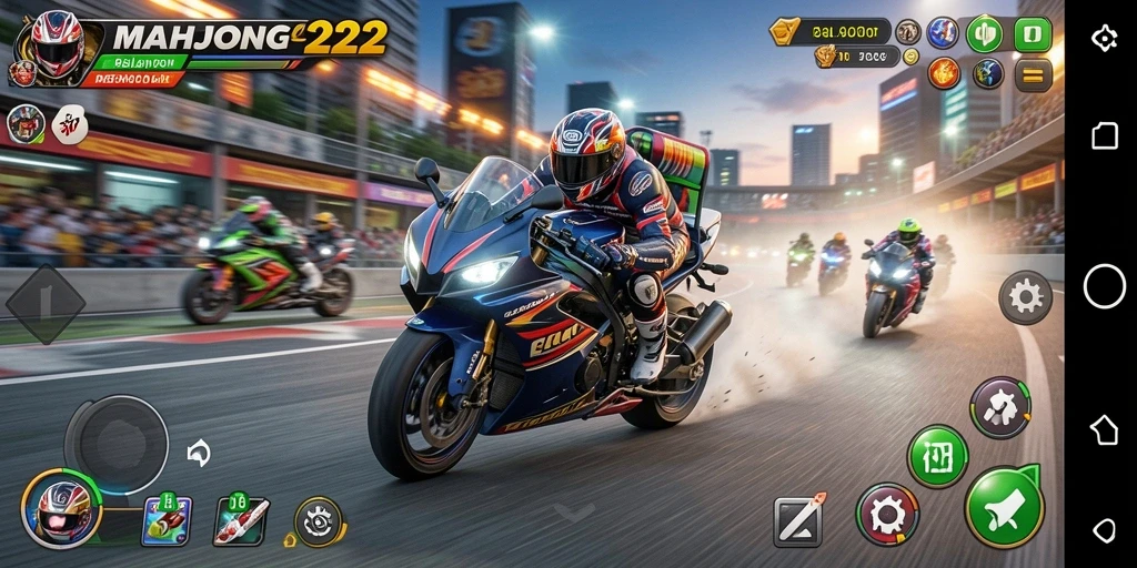 Antarmuka balapan motor di MAHJONG222 yang penuh aksi.